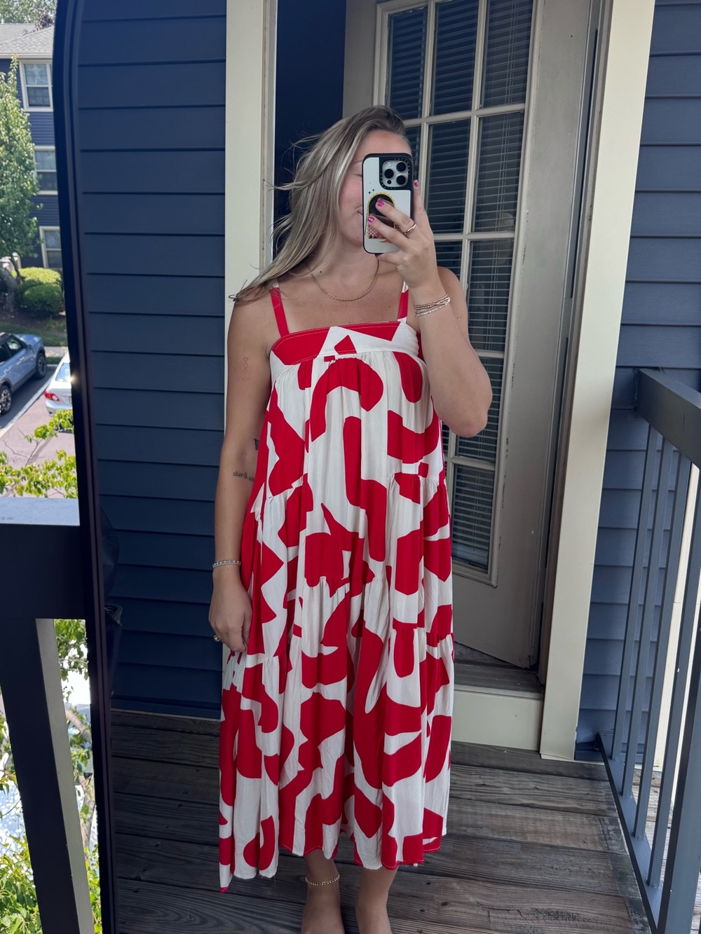 Red & White Abstract Midi Sundress with Spaghetti Straps